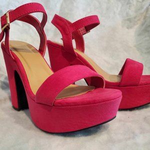 BAMBOO Hot Pink Suede Platform Heels Open Toe with Ankle Strap NEW